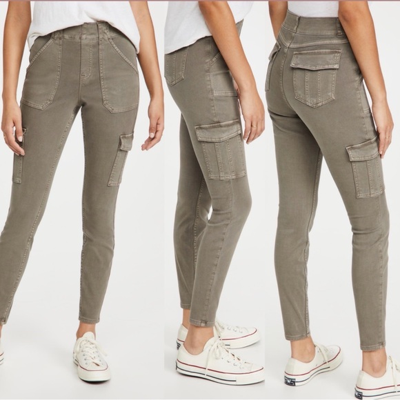 SPANX Pants - Spanx Dune Grey Stretch Twill High Rise Ankle Skinny Cargo Pants Size Medium